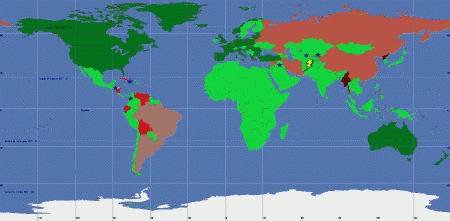 WorldPolitics The world stage 2010. USA and military allies in dark green, ALBA in red, former member Honduras in white, informal allies in orange, and Latin American democratic ALBA-friendly governments in pink. Blue stars mark some US military bases, and the flash is the current war in Afghanistan.