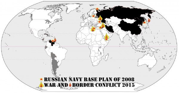 Russia aims to have a global naval presence by 2020, but after losing access to several countries where they had planned to build the necessary overseas navy bases, civil war broke out in those countries. What a coincidence! Black marks Russia and its closest allies.